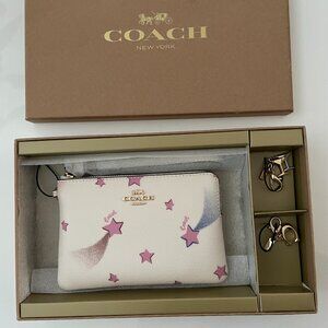 Coach wristlet boxed zip corner wristlet with disco star print chalk